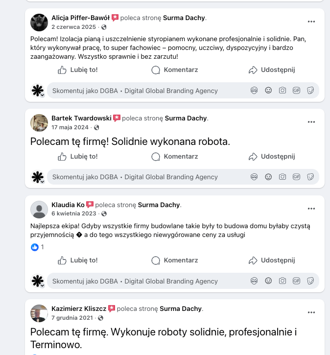 Zrzut opinii klientów z profilu Surma Dachy